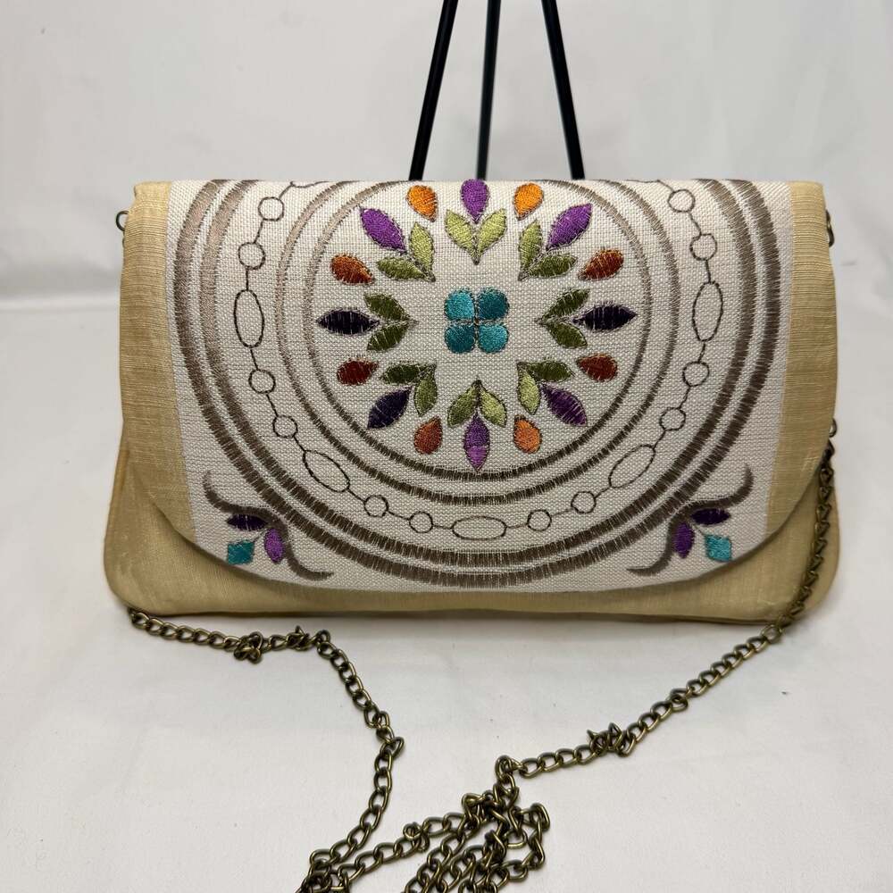 Embroidered Gold Silk Envelope Clutch with Floral Mandala Detail